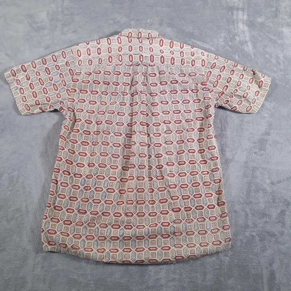 Orvis Shirt Mens Medium Beige Red Geometric Button Up Short‎ Sleeve Cotton